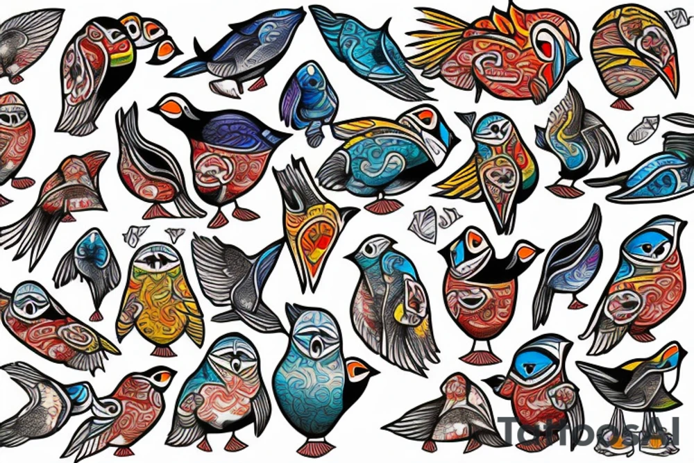 Colorful mola puffin bird tattoo idea