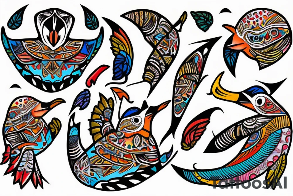 Colorful mola puffin bird tattoo idea