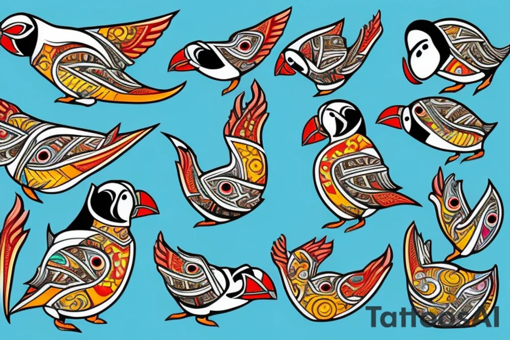 mola style puffin colorful tattoo idea