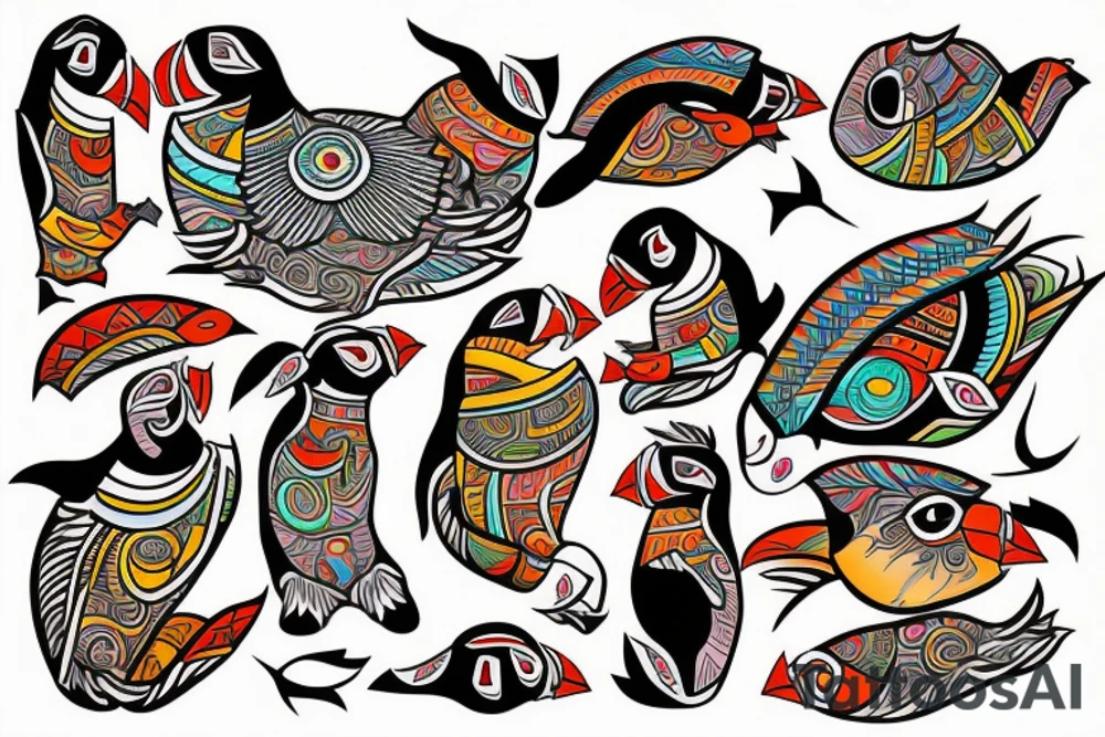 mola style puffin colorful tattoo idea