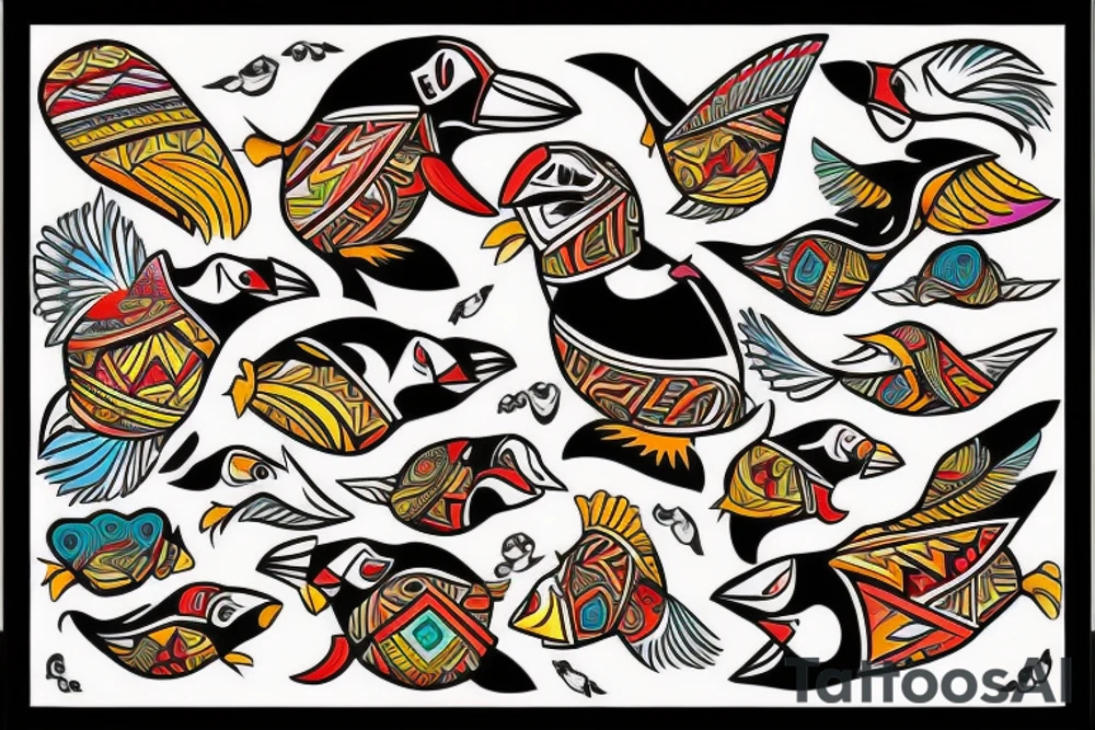 mola style puffin colorful tattoo idea