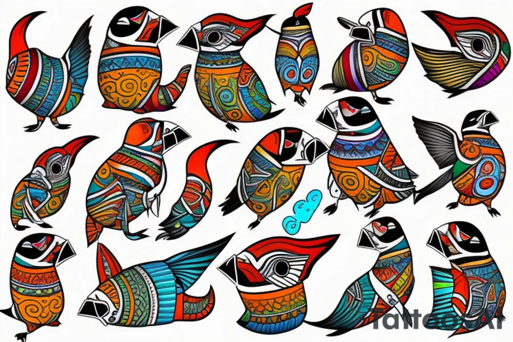mola style puffin colorful tattoo idea
