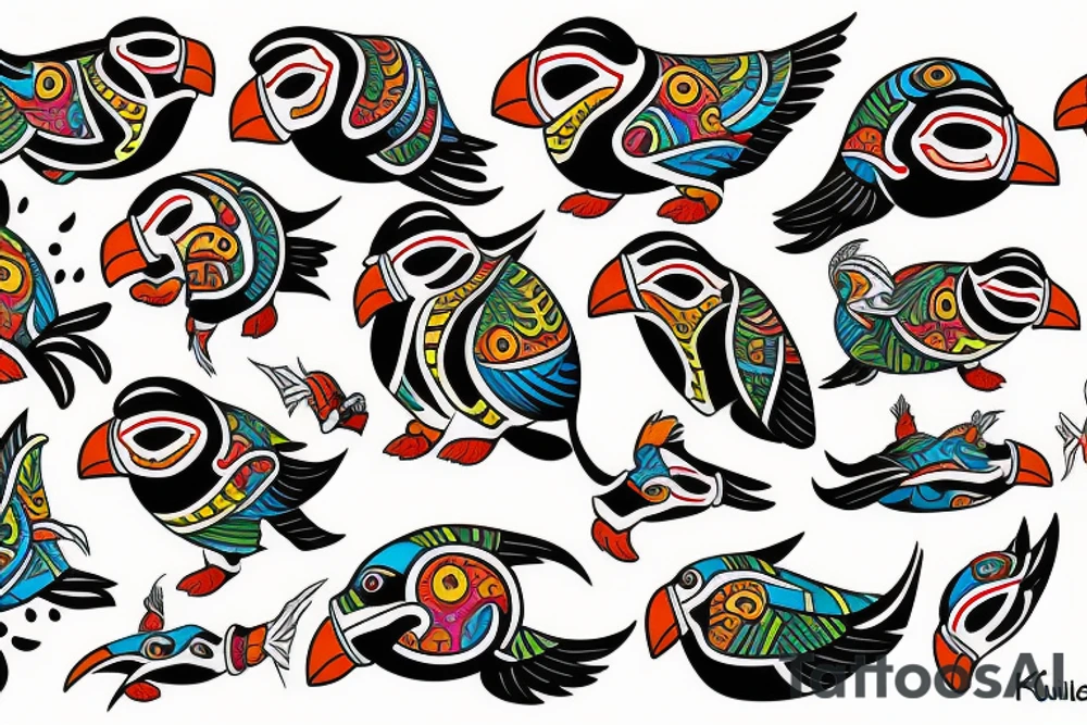 mola style puffin colorful tattoo idea