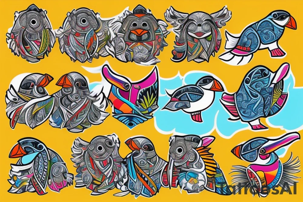 mola style puffin colorful tattoo idea
