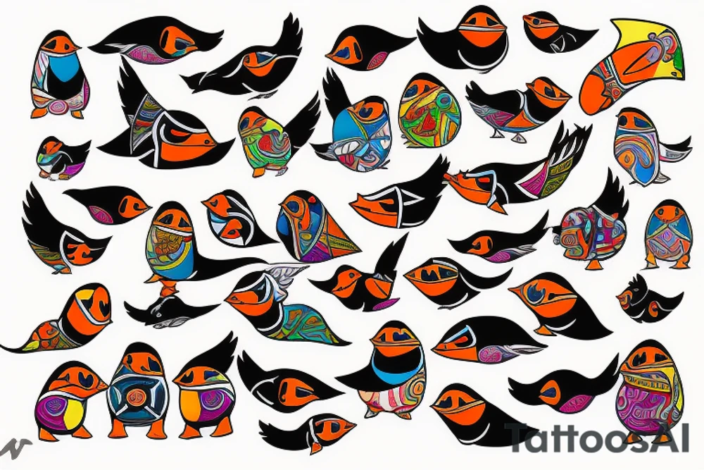 mola style puffin colorful tattoo idea