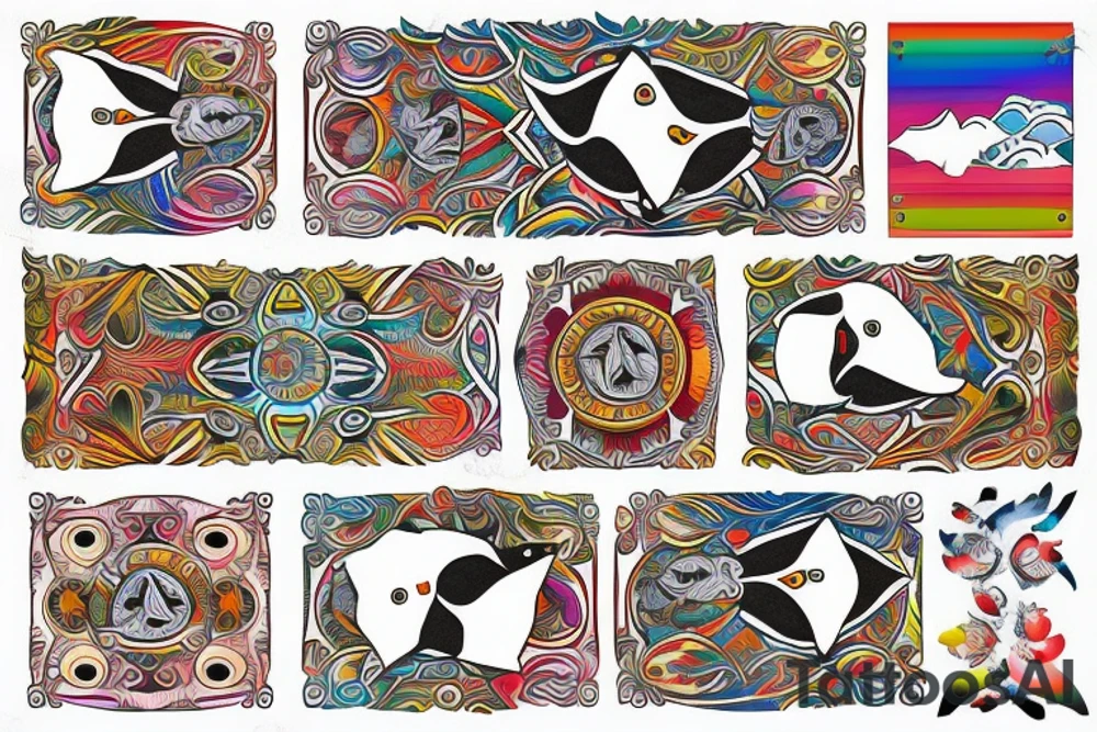 mola style puffin colorful tattoo idea
