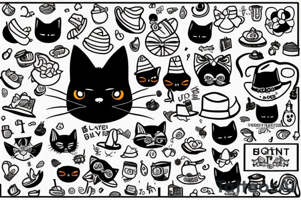 Black cat with a funny hat and a sweater tattoo idea
