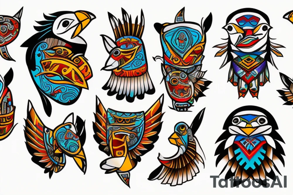 mola style puffin colorful tattoo idea