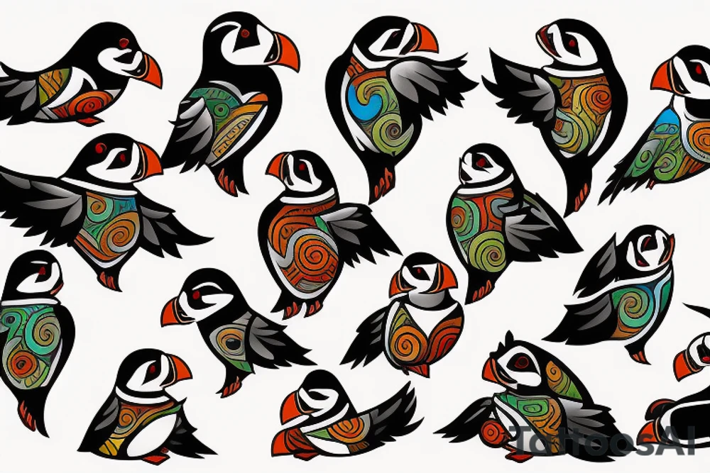 mola style puffin colorful tattoo idea