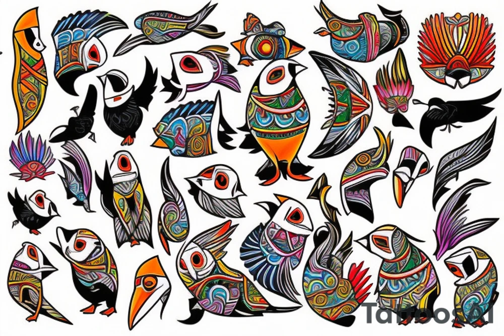 mola style puffin colorful tattoo idea