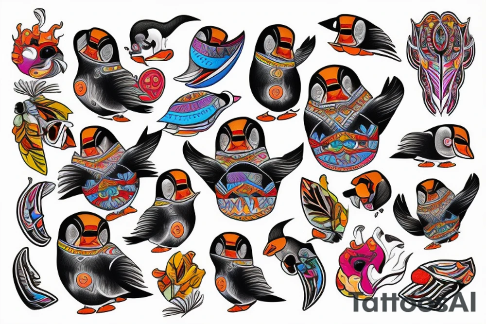 mola style puffin colorful tattoo idea