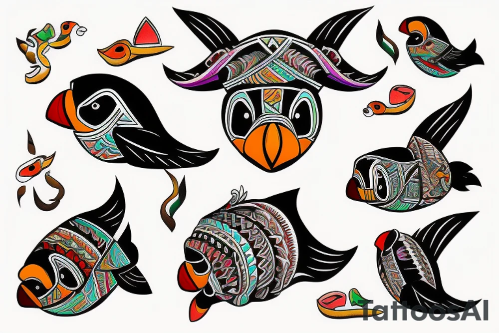 mola style puffin colorful tattoo idea