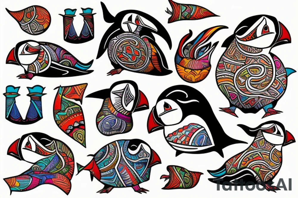 mola style puffin colorful tattoo idea