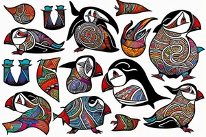 mola style puffin colorful tattoo idea