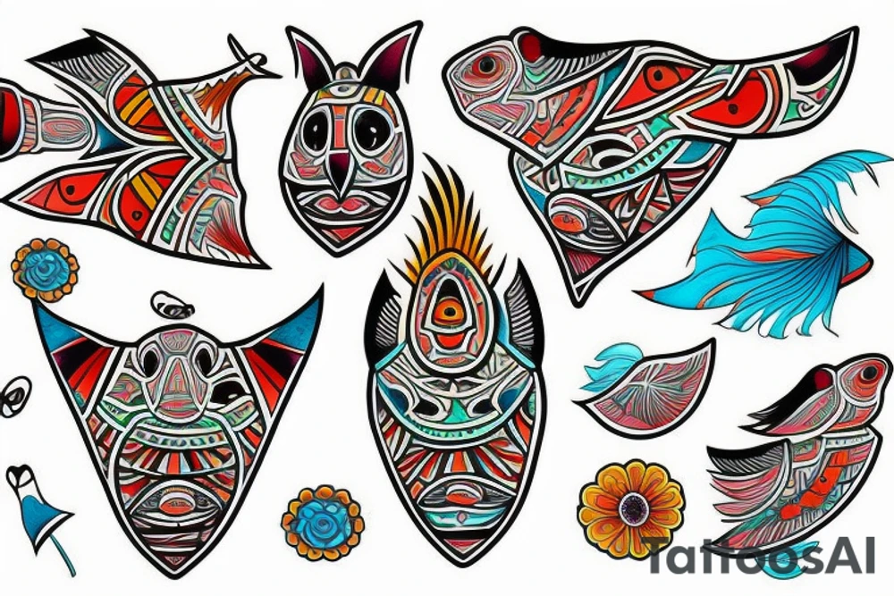 Colorful mola puffin tattoo idea