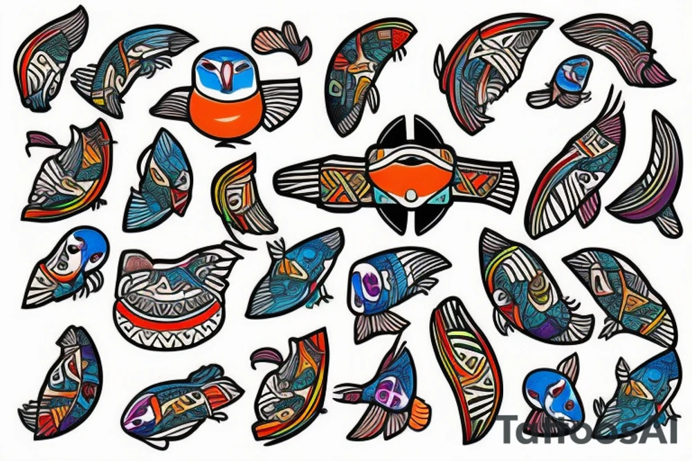 Colorful mola puffin tattoo idea