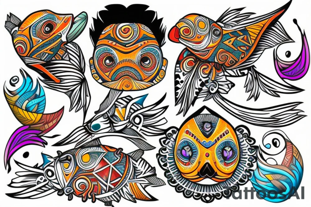 Colorful mola puffin tattoo idea