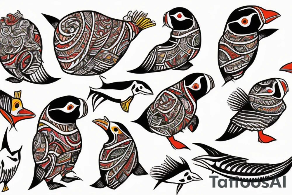 Colorful mola puffin tattoo idea