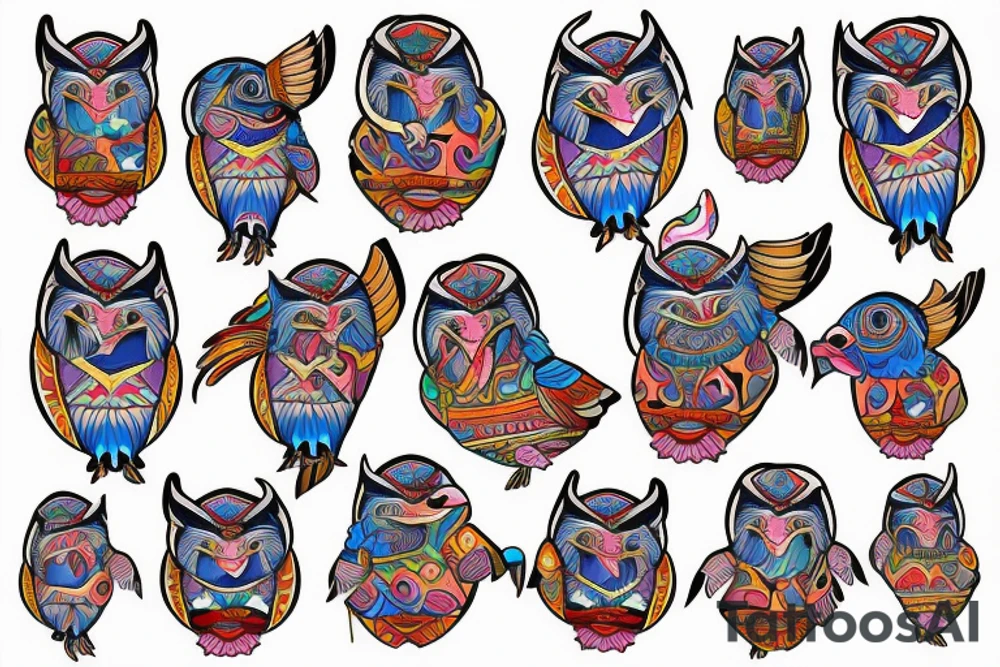 Colorful mola puffin bird tattoo idea