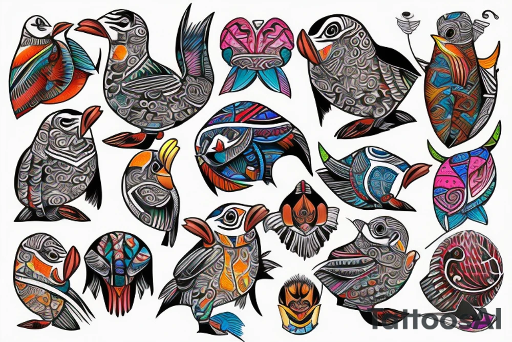 Colorful mola puffin bird tattoo idea