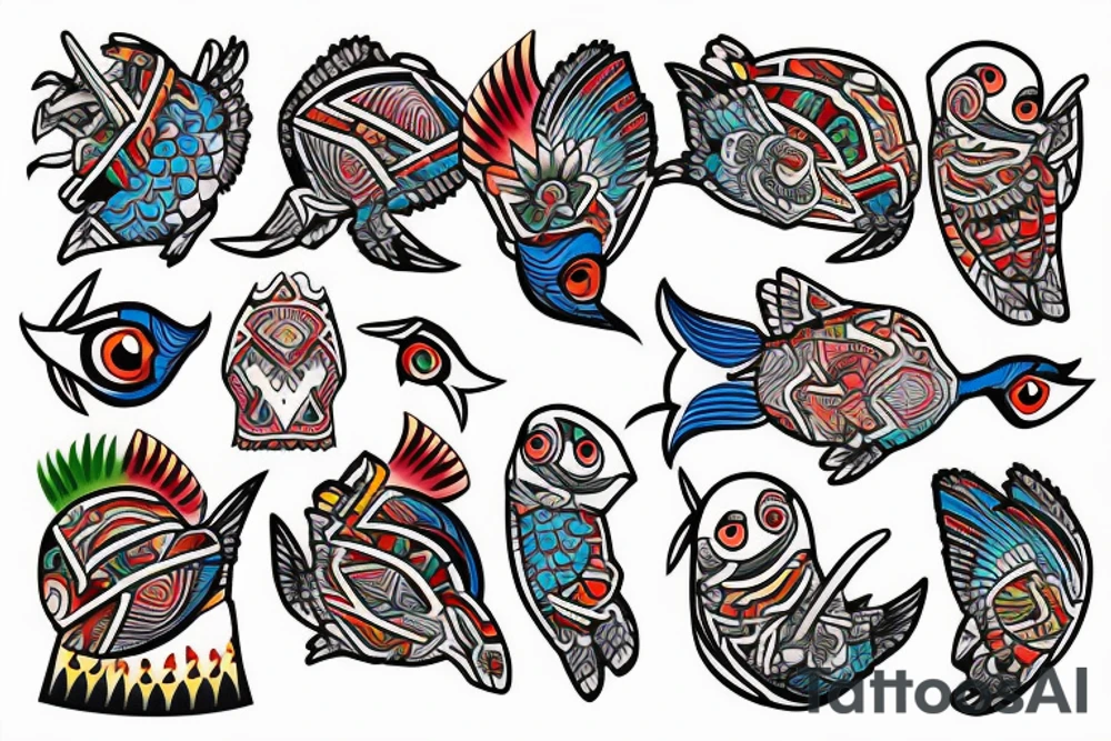 Colorful mola puffin bird tattoo idea