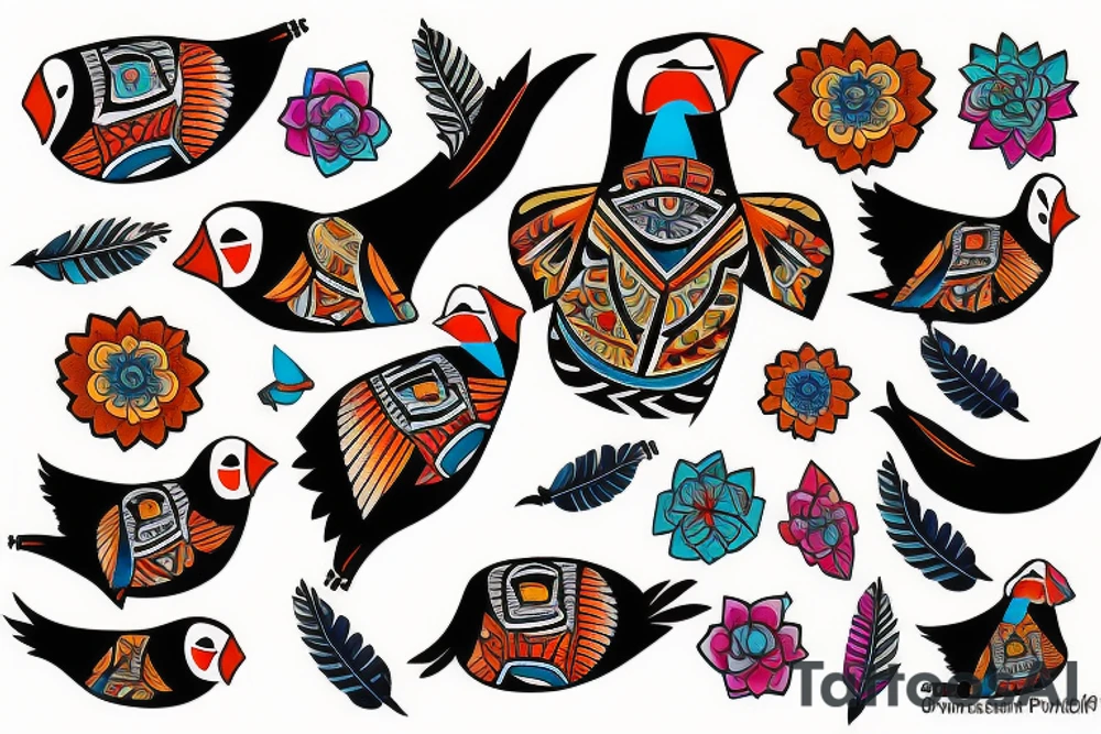 Colorful mola puffin bird tattoo idea