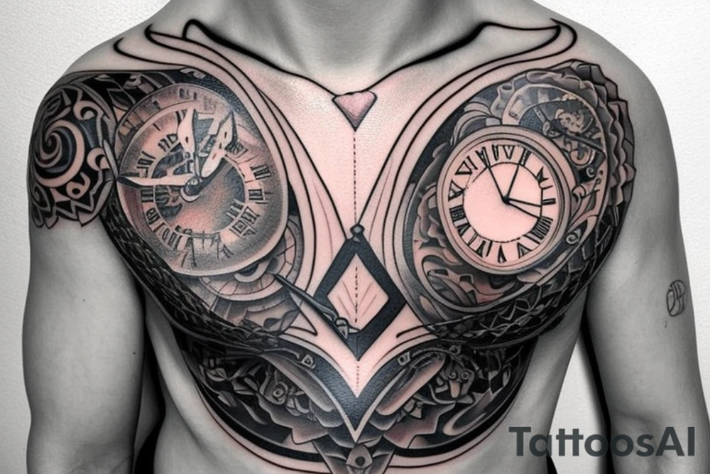heart with clock-work on the chest tattoo idea