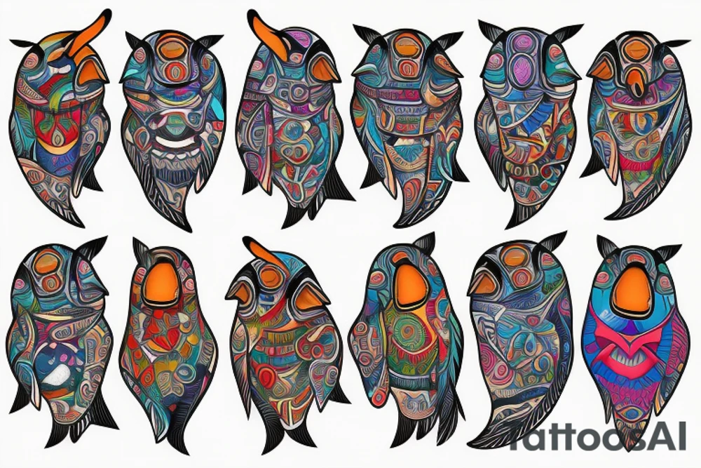 Colorful mola puffin bird tattoo idea