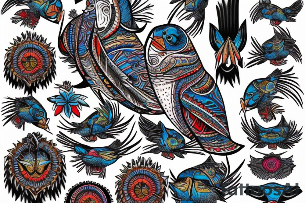 Colorful mola puffin bird tattoo idea