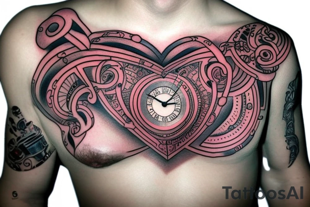 heart with clock-work on the chest tattoo idea
