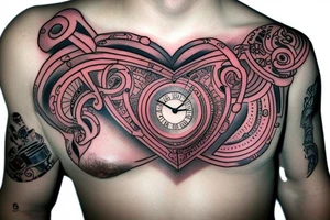 heart with clock-work on the chest tattoo idea