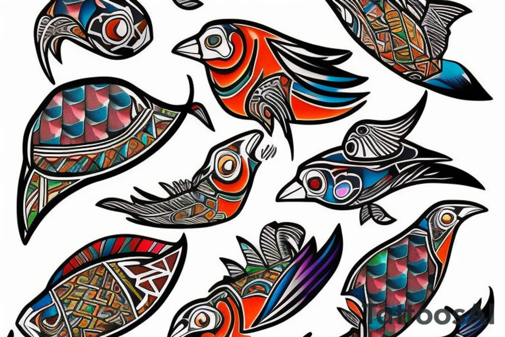 Colorful mola puffin bird tattoo idea