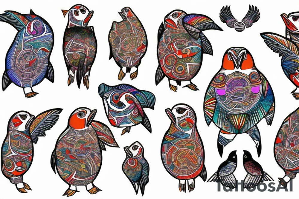 Colorful mola puffin bird tattoo idea