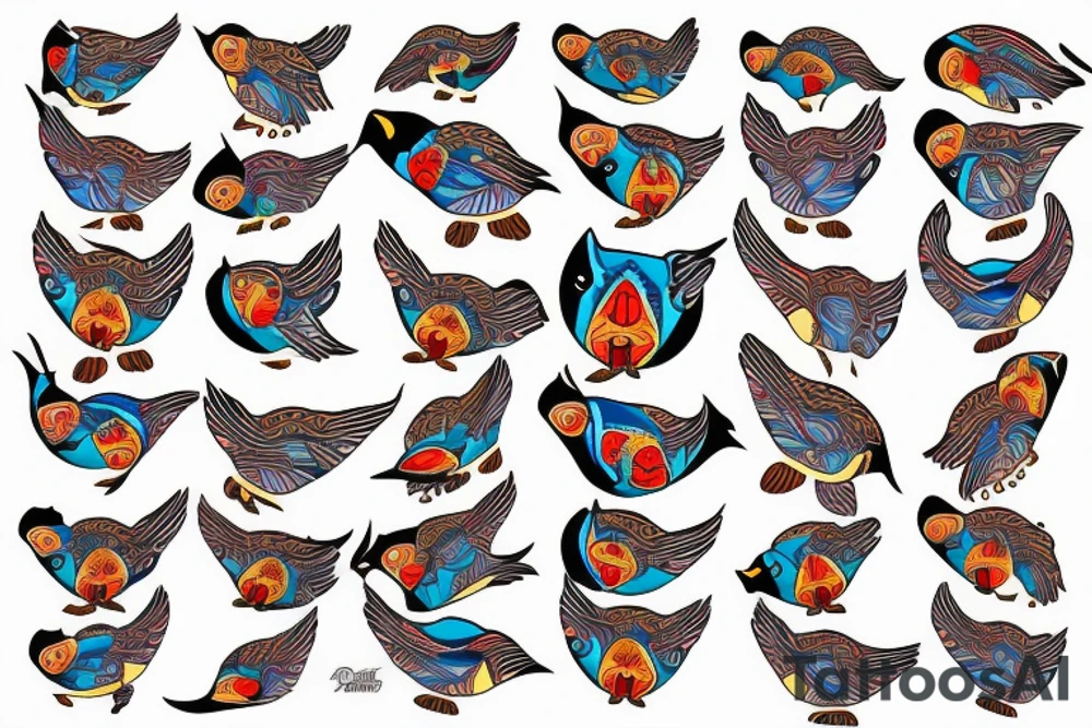 Colorful mola puffin bird tattoo idea