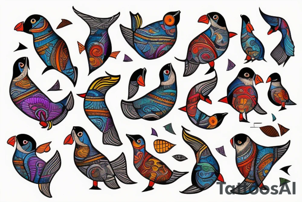 Colorful mola puffin bird tattoo idea