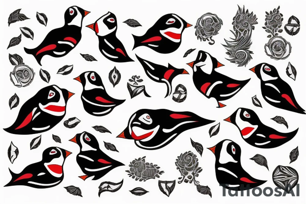 Colorful mola puffin bird tattoo idea