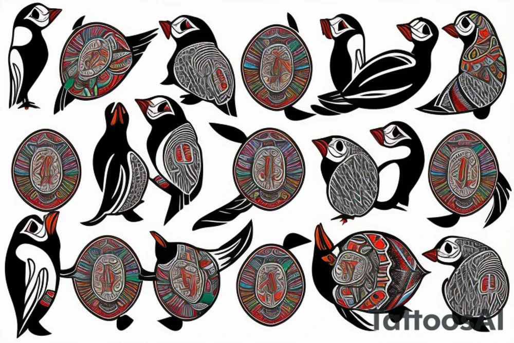 Colorful mola puffin bird tattoo idea