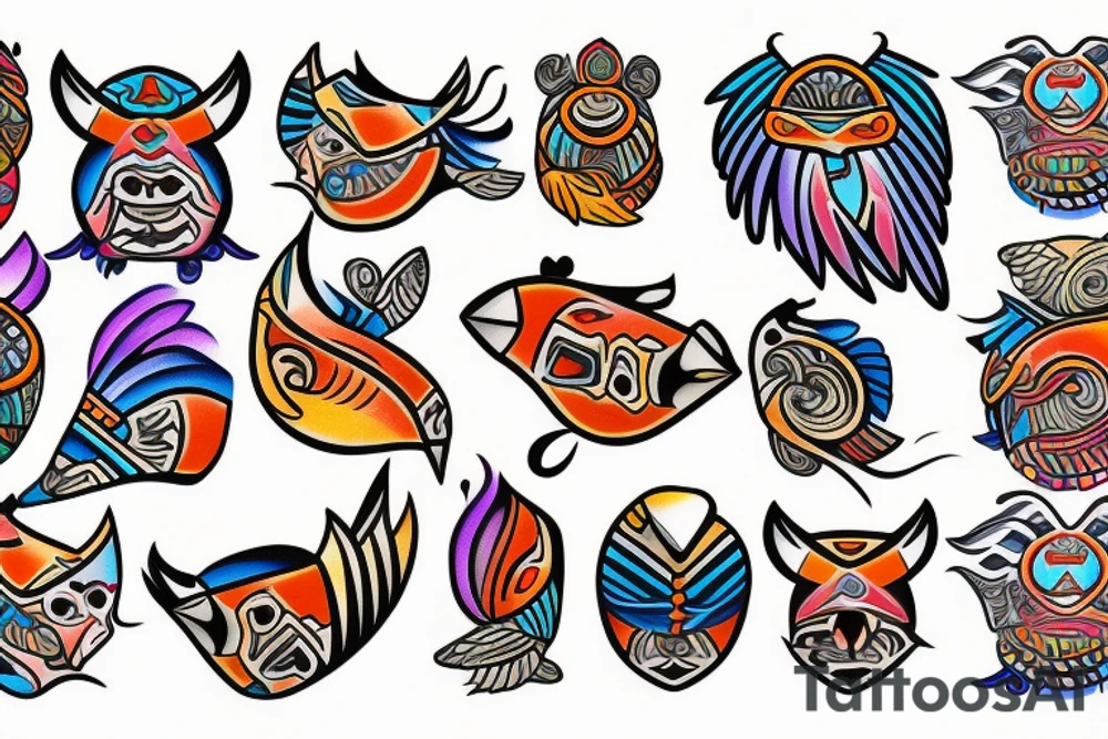 Colorful mola puffin tattoo idea