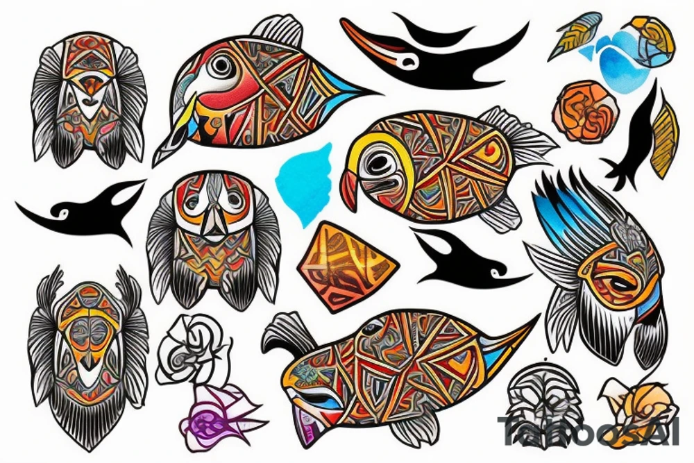 Colorful mola puffin tattoo idea