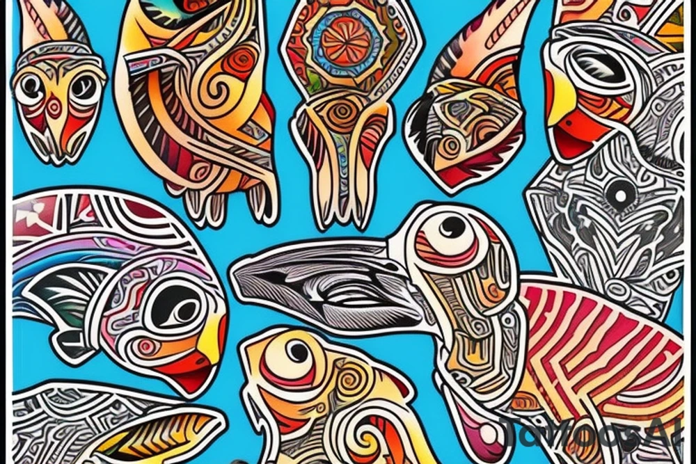 Colorful mola puffin tattoo idea