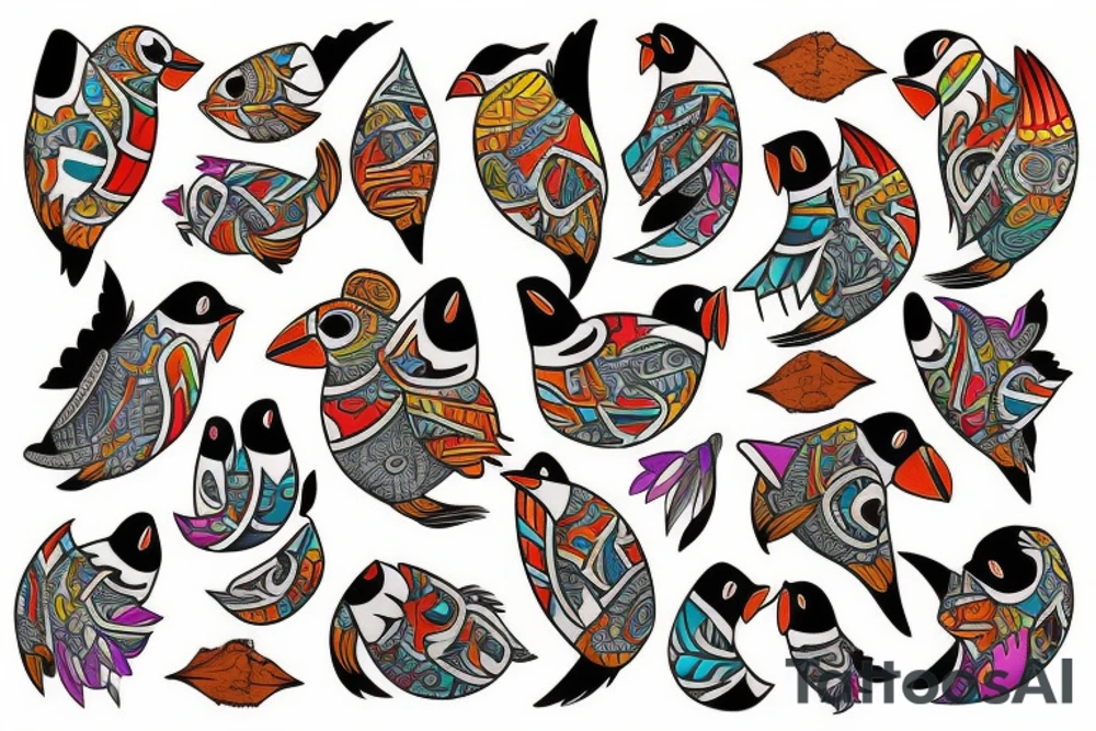 Colorful mola puffin tattoo idea