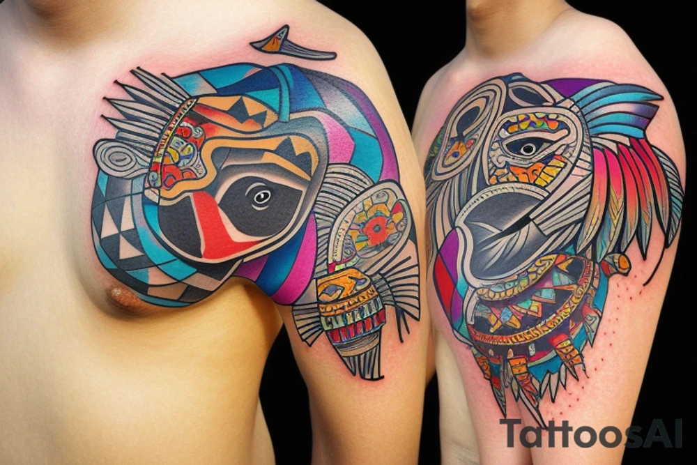 Colorful mola puffin tattoo idea