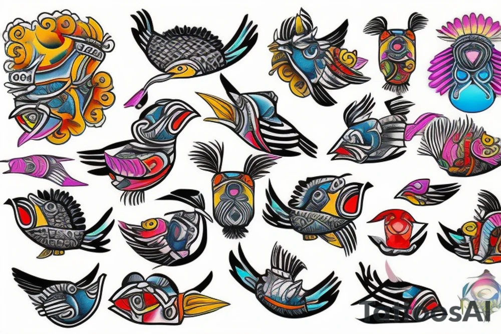 Colorful mola puffin tattoo idea