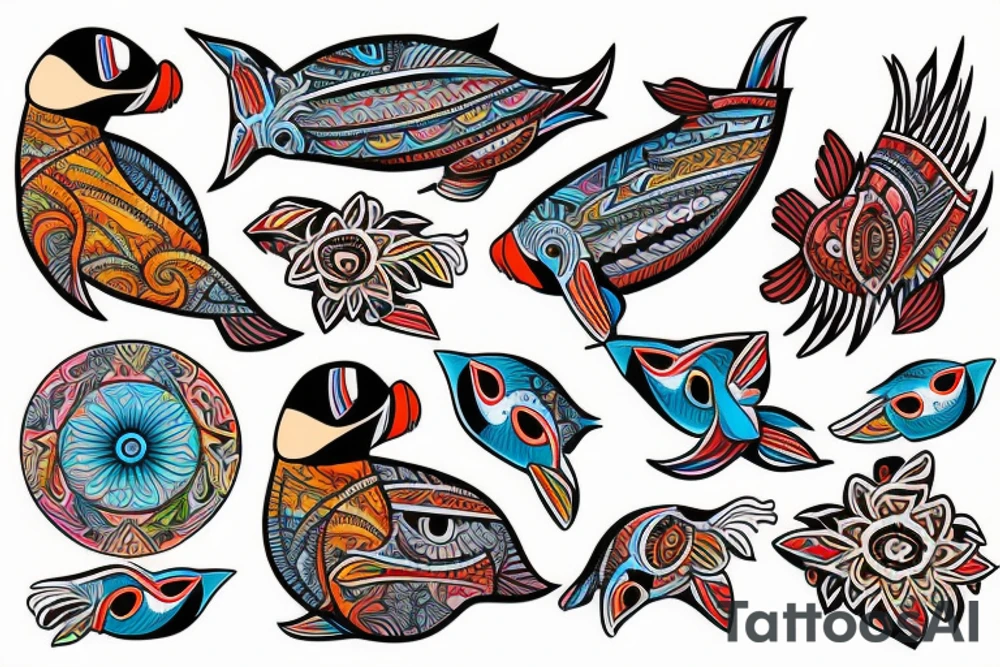 Colorful mola puffin tattoo idea