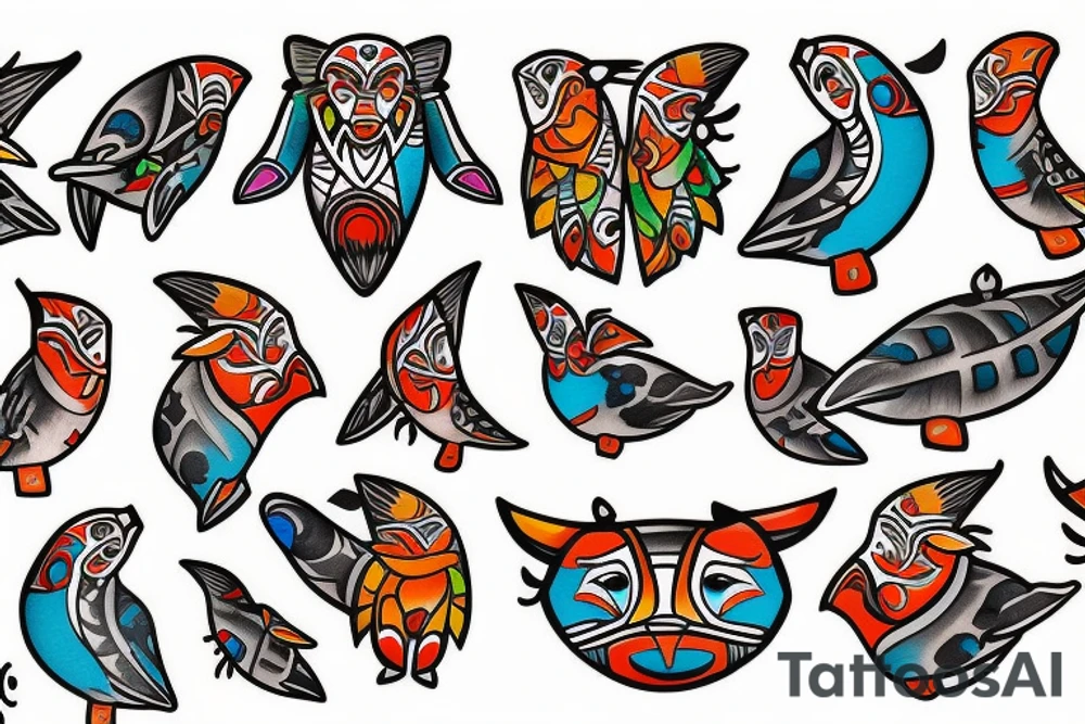 Colorful mola puffin tattoo idea