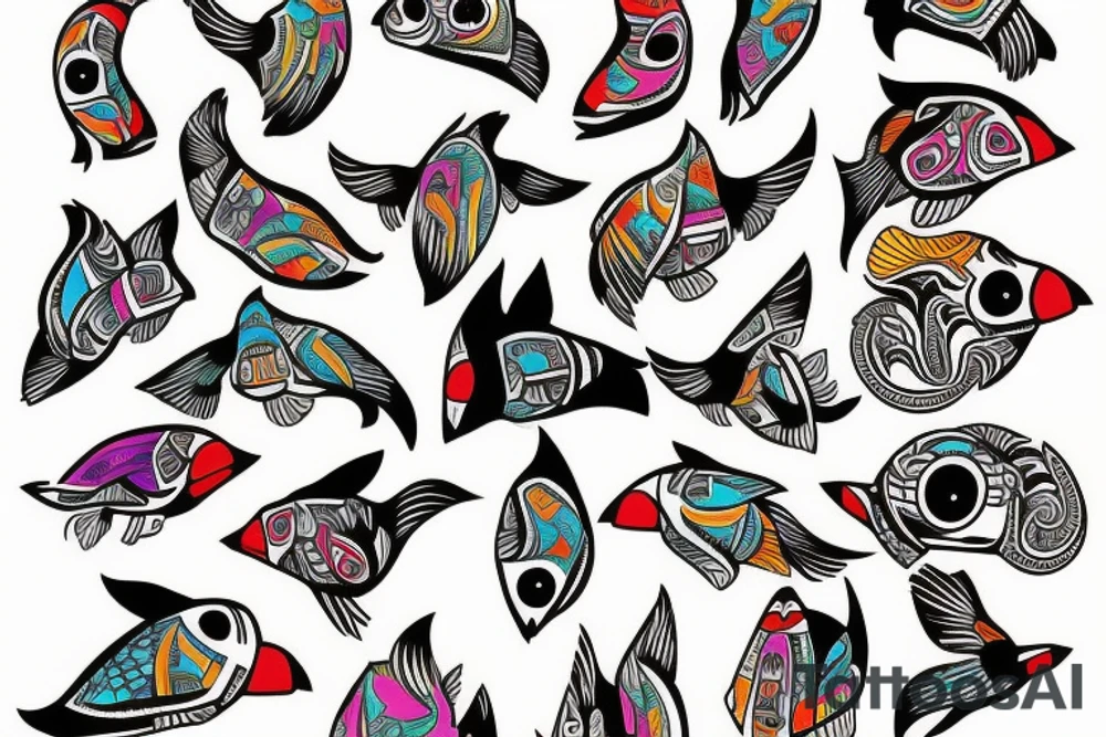 Colorful mola puffin tattoo idea