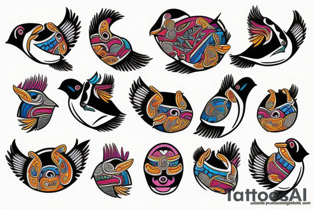 Colorful mola puffin tattoo idea