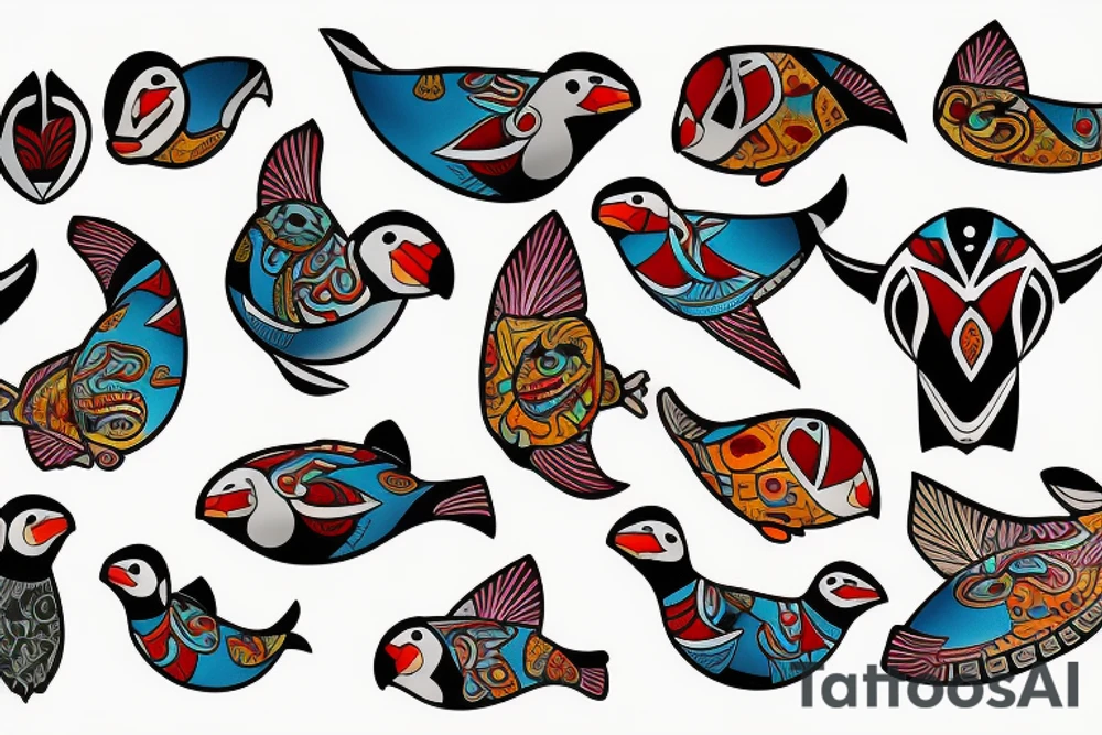 Colorful mola puffin tattoo idea