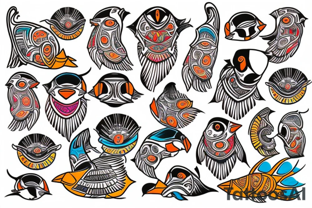 Colorful mola puffin tattoo idea