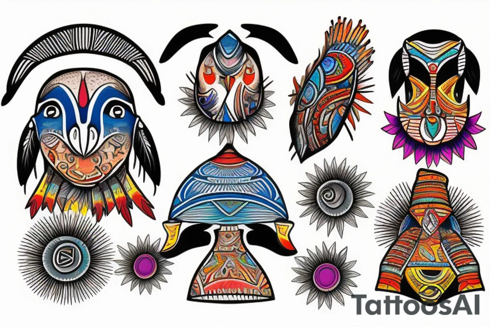 Colorful mola puffin tattoo idea